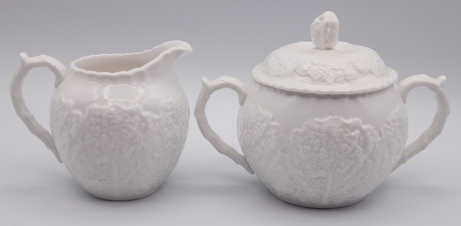 Spode Savoy White Embossed Cabbage Lidded Sugar and Creamer