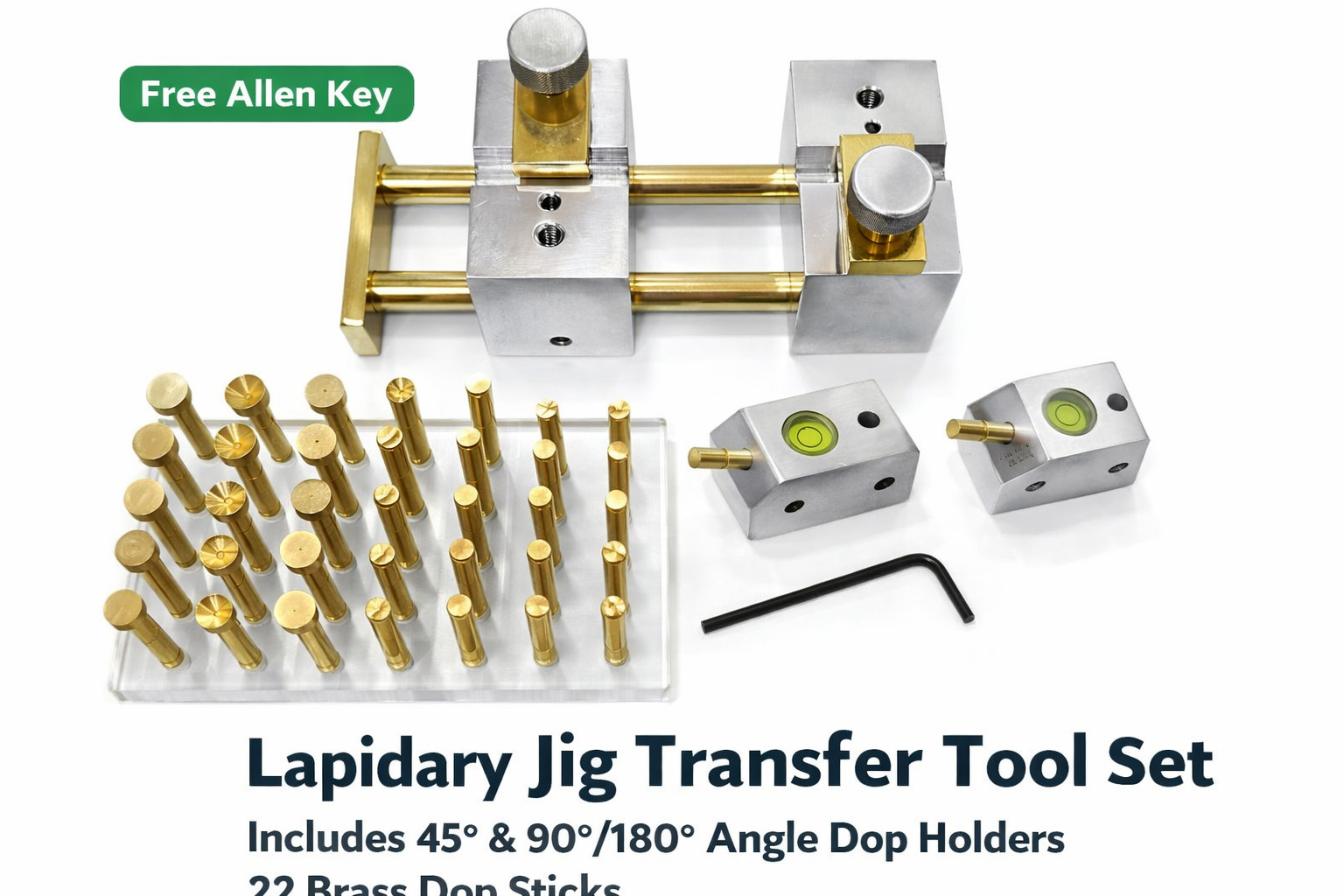 Lapidary Jig Transfer Tool Set + 22 Brass Dop Sticks | 45° & 90°/180° Faceting