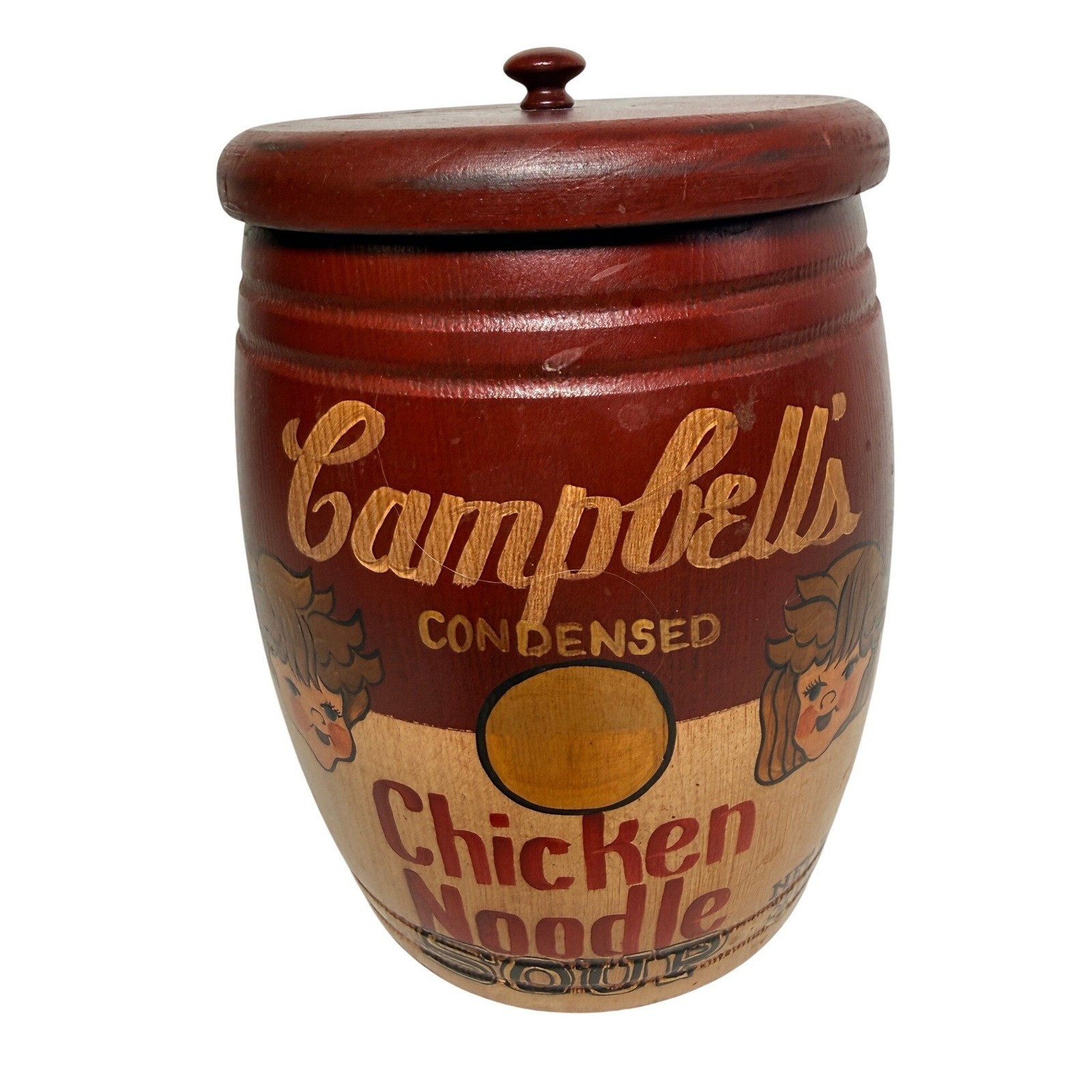 Vintage Campbells Soup Wooden Barrel Canister Hand Painted Artist Signed 9in Vintage Campbells Soup Wooden Barrel Canister Hand Painted Artist Signed 9in