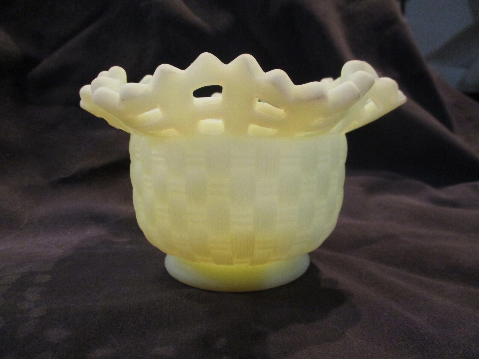 Fenton Custard Glass Candy Dish Basket Weave Bowl  Eggshell Pale yellow