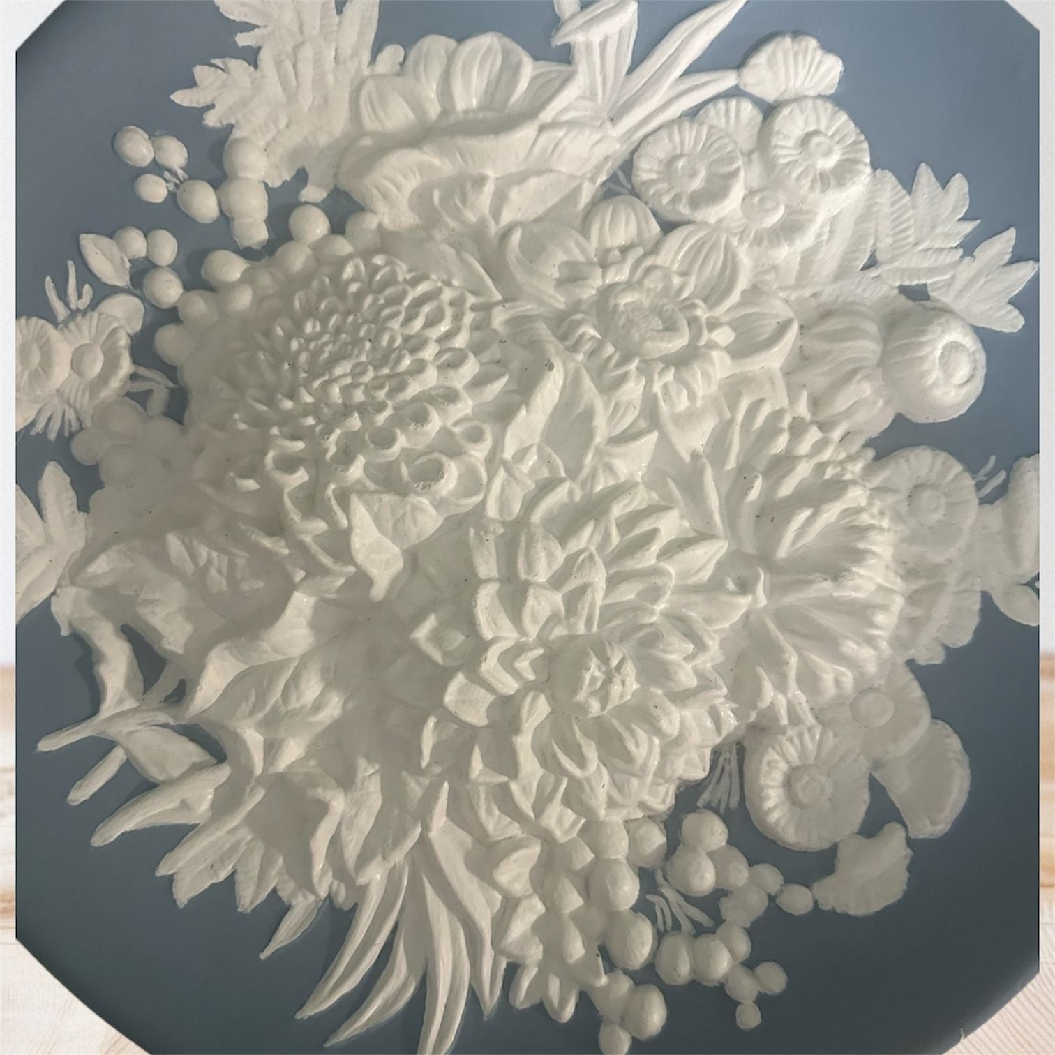 Wedgwood Jasperware Pale Blue and White Chrysanthemum Floral Bouquet Bas-Relief