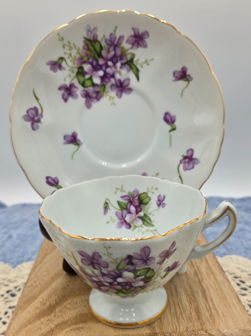 Vintage Rossetti Spring Violets Footed Teacup and Saucer Set Japan Gold Trim