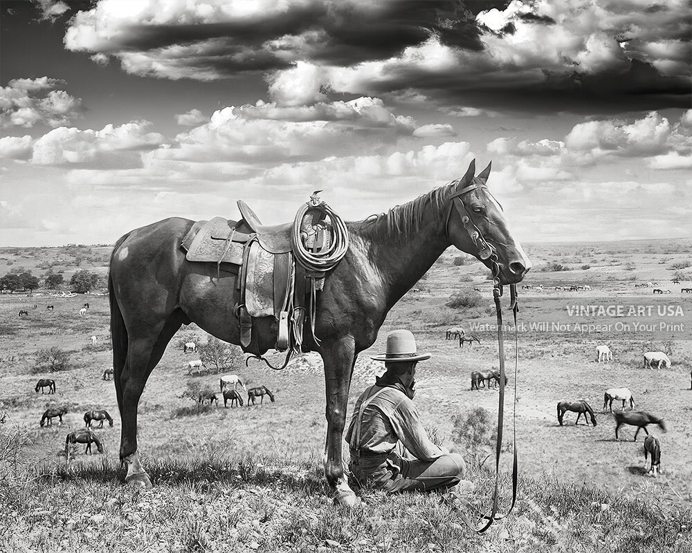 Vintage Texas Cowboy Photo 1910 Horse Wrangler Black and White 8x10 Phot REPRINT