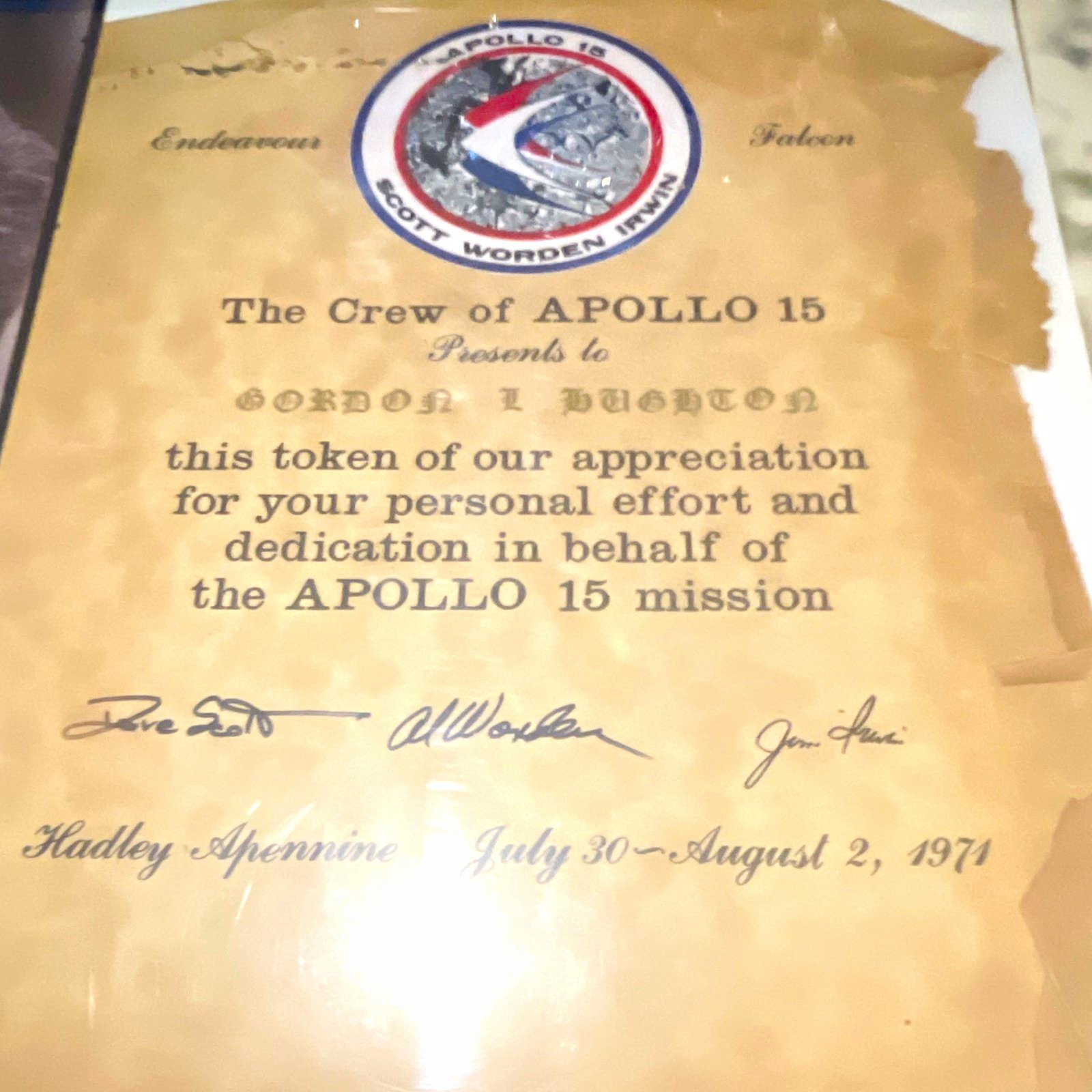 Apollo 15 Signed Presentation Certificate July 30–Aug 2, 1971 / Original Patch