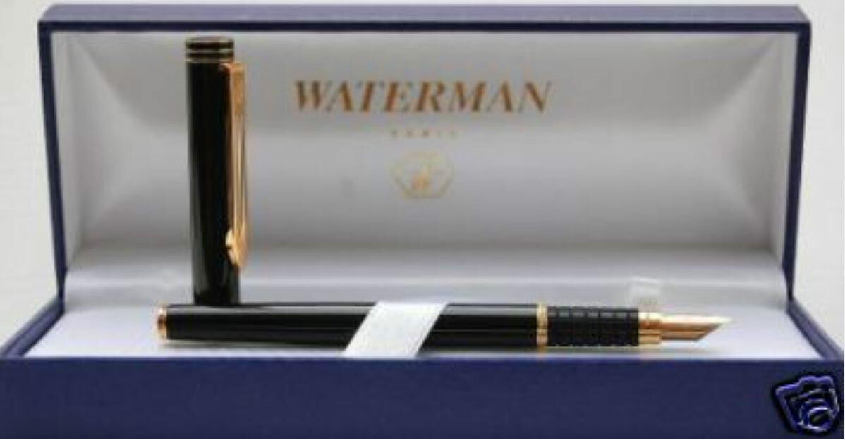 Waterman Exclusive Fountain Pen  Matte Black & Gold 18K Gold M Pt Pen New In Box