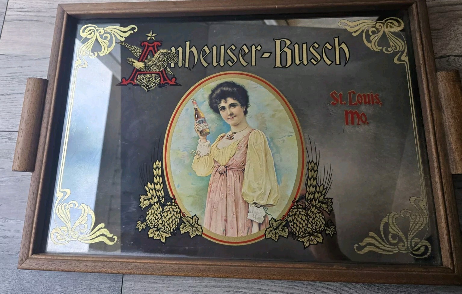 Anheuser Busch Budweiser  Victorian Woman Lady Beer Glass Mirror Tray 17x12