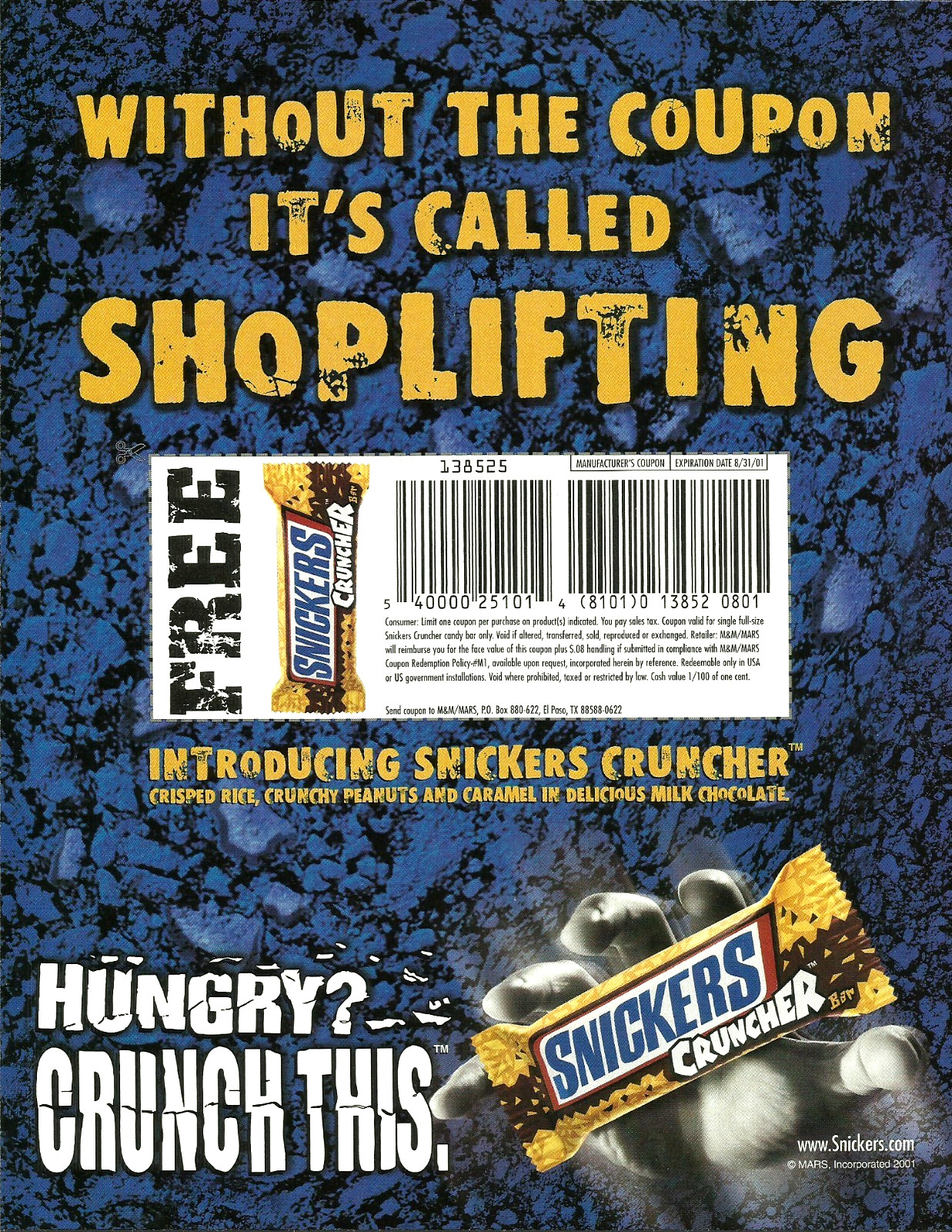 2001 Snickers Cruncher Chocolate Candy Bar vintage Print AD Advertisement