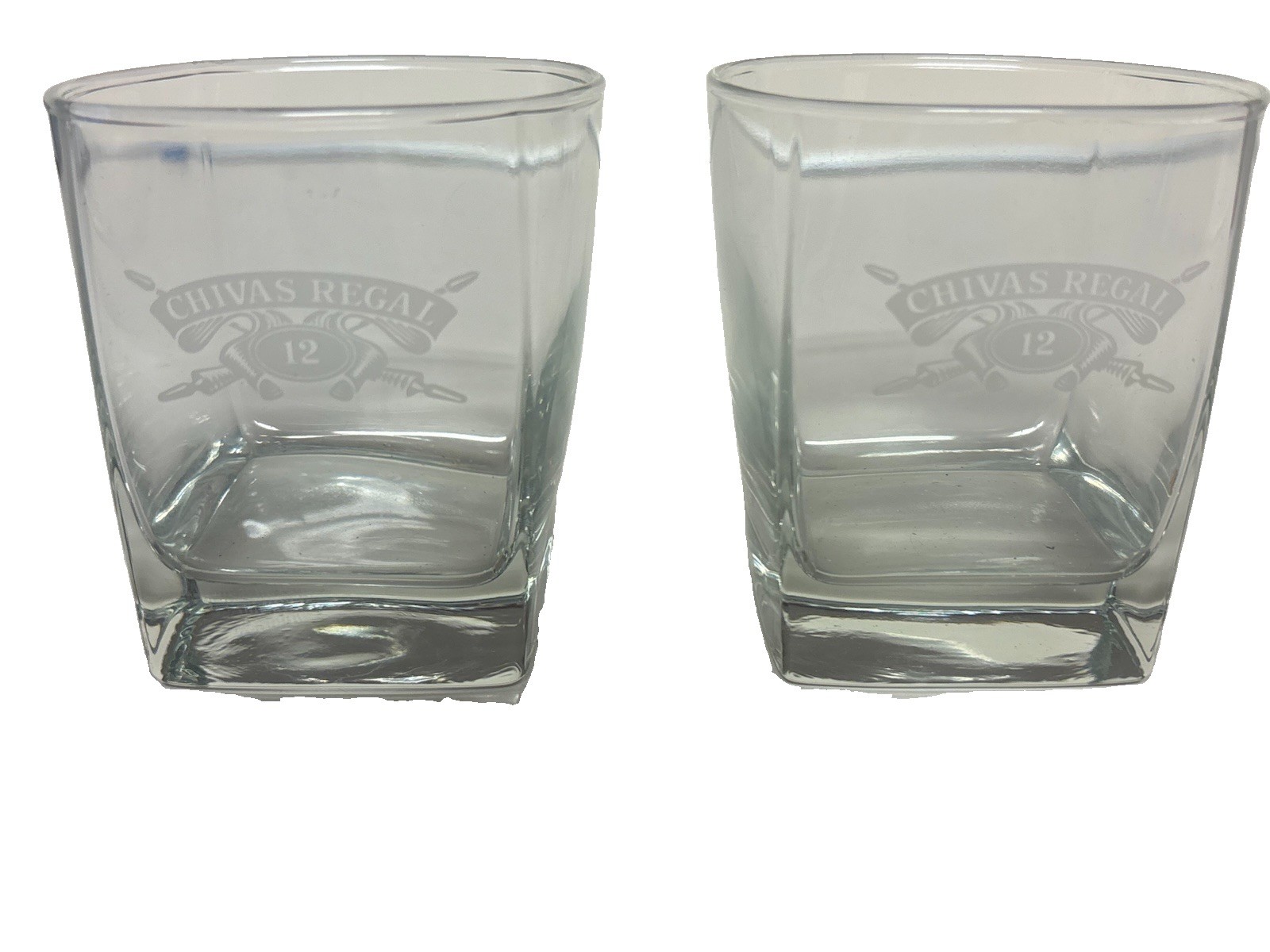 Chivas Regal 12 glasses 2 Rocks Old Fashioned square weighted bottoms VG+ Chivas Regal 12 glasses 2 Rocks Old Fashioned square weighted bottoms VG+