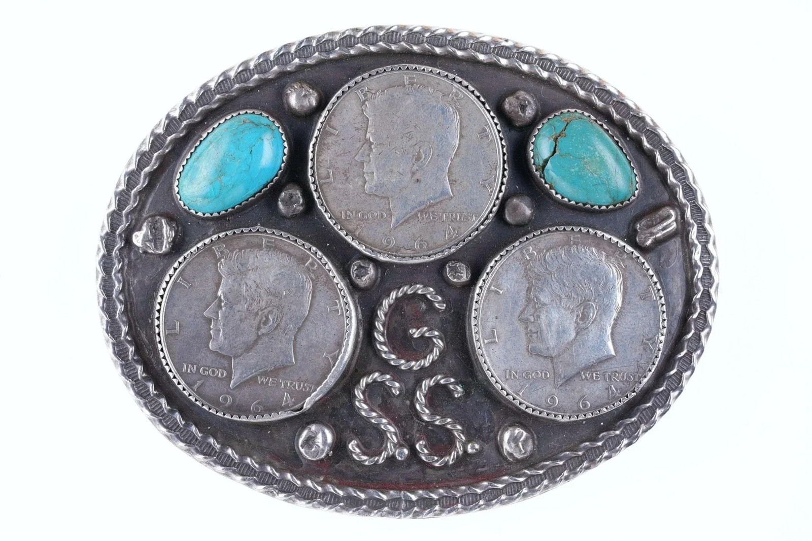 Large 1964 Native American sterling/turquoise Silver half dollar belt buckle