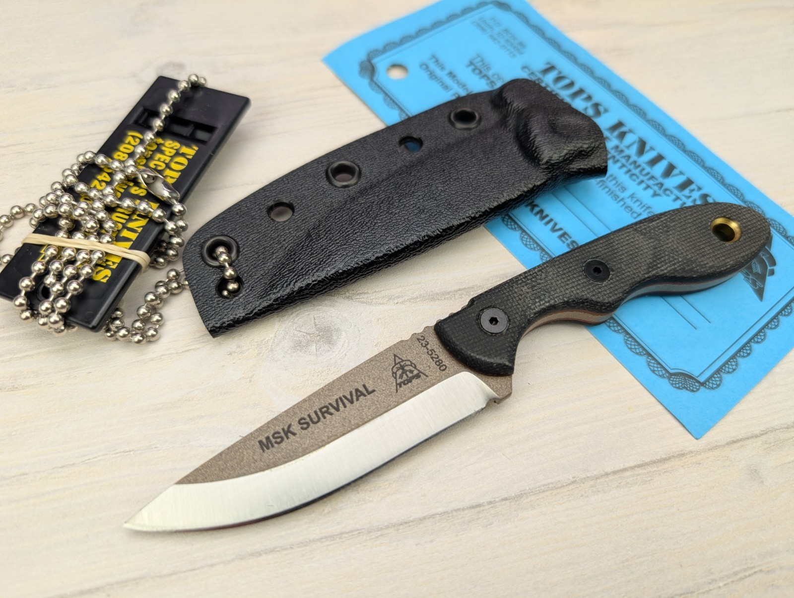 Tops Knives - Mini Scandi Survival Neck Knife + Kydex Sheath - Made in USA
