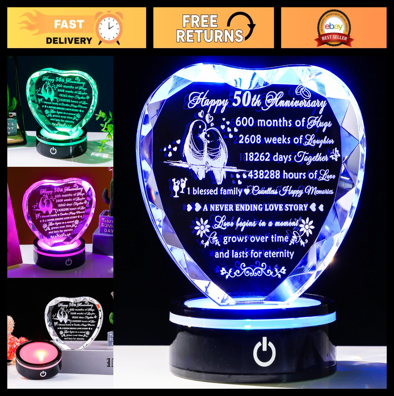50th Wedding Anniversary Crystal Heart Keepsake Gift, Laser Engraved 50 Years of