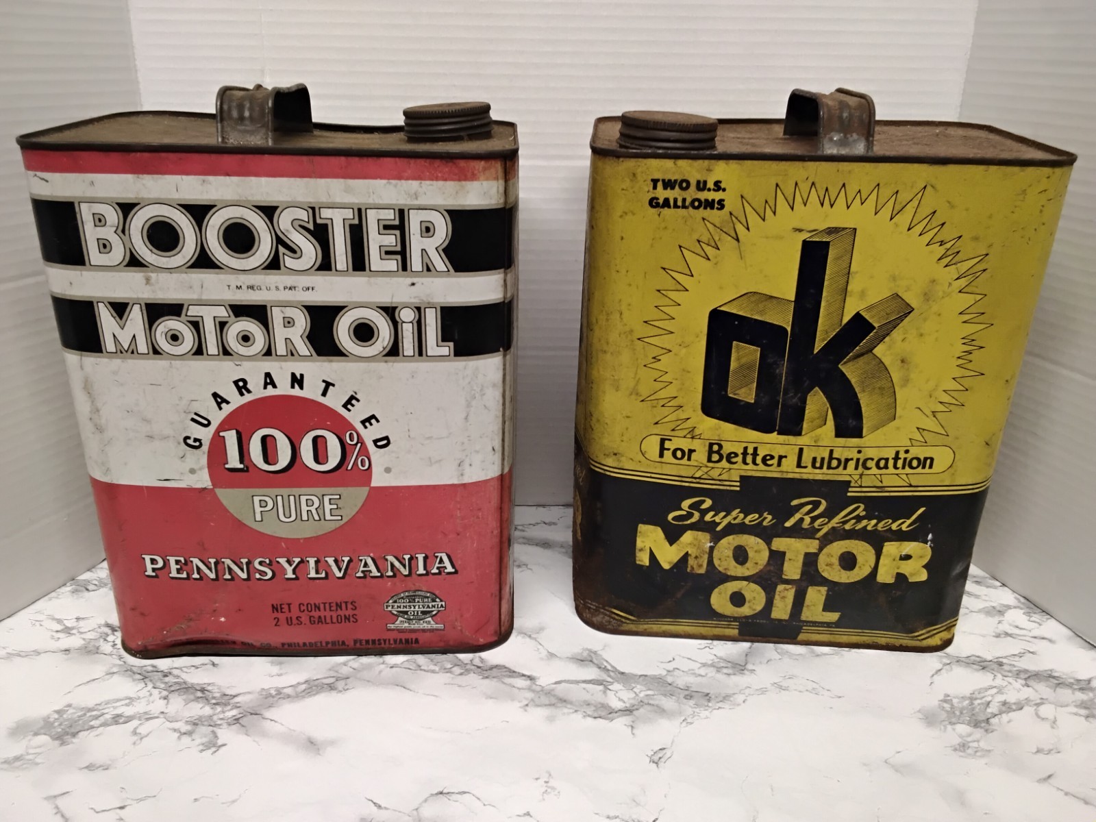 RARE Philadelphia Antique 1930s-1940s Motor Oil Cans Lot - OK & Booster 2 Gallon