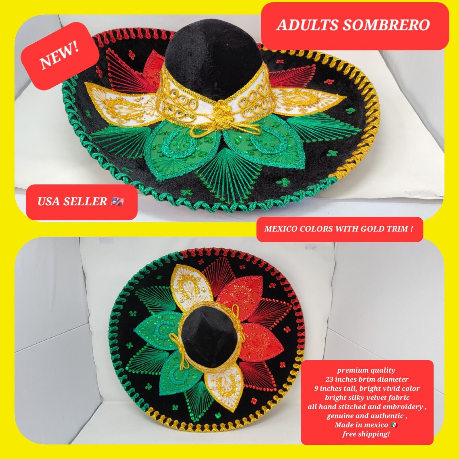 MEXICO COLORS with gold trim adults sombrero charro mariachi hat for fiestas