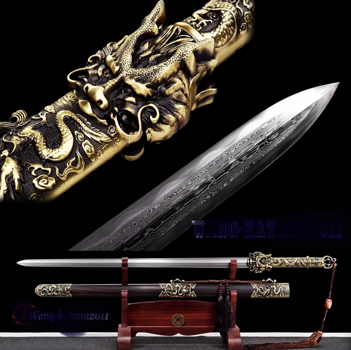42''Han Dynasty Jian Ebony+Brass Damascus Folded Steel Handmade Chinese Sword