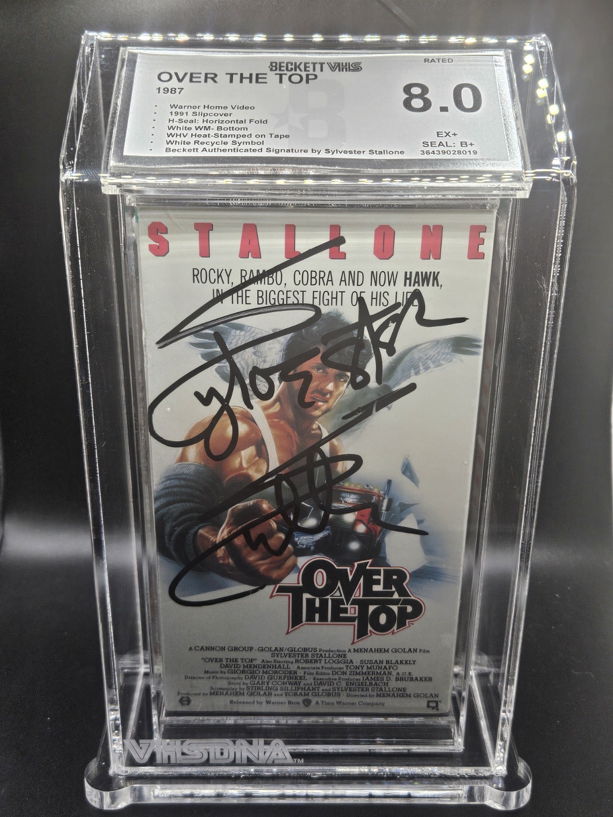 Sylvester Stallone Rare Full Name Auto 1987 Over The Top VHS Beckett 8.0 Seal B+