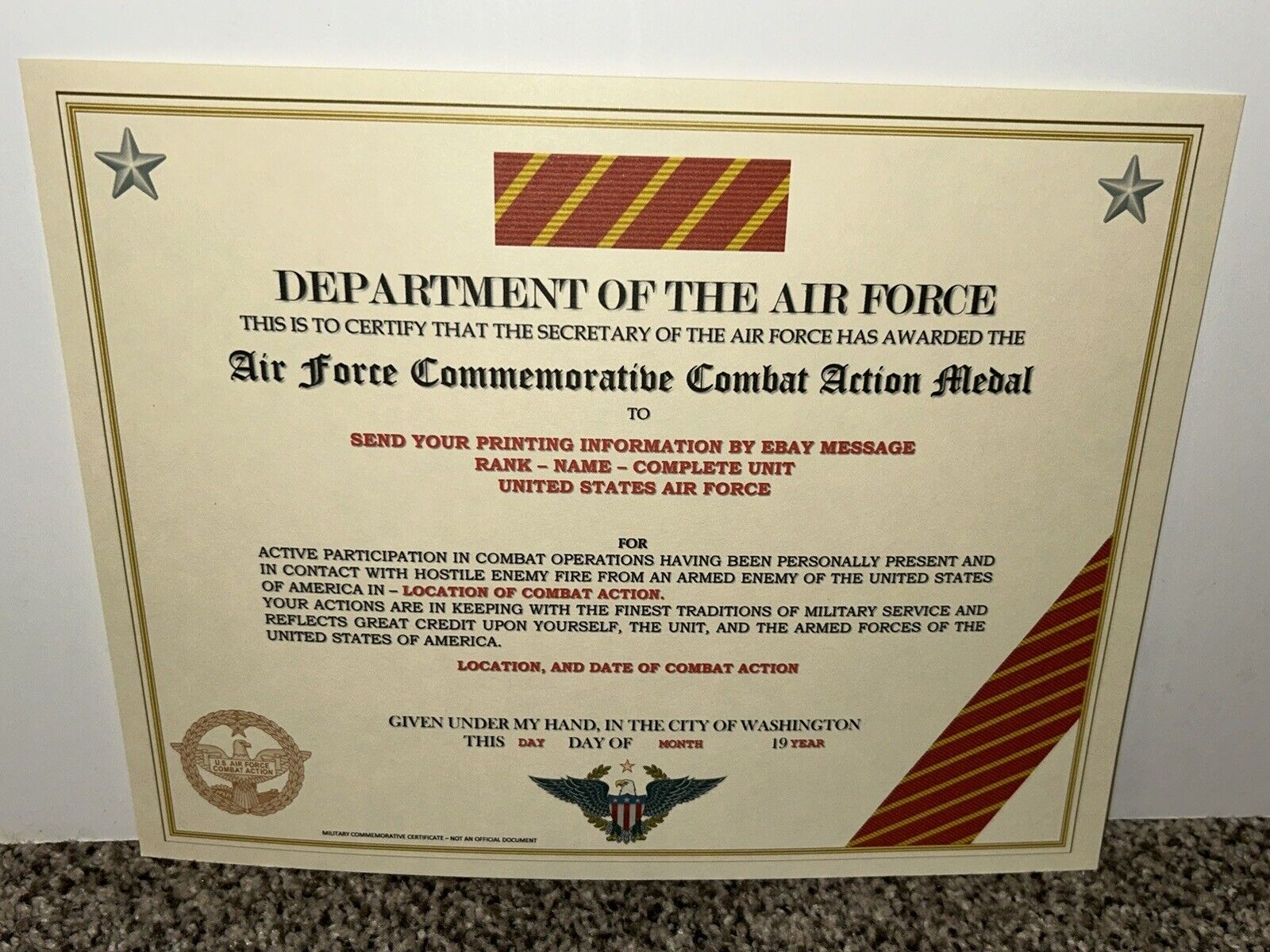 U.S. AIR FORCE COMBAT ACTION COMMEMORATIVE MEDAL CERTIFICATE ~ W/PRINTING T-1