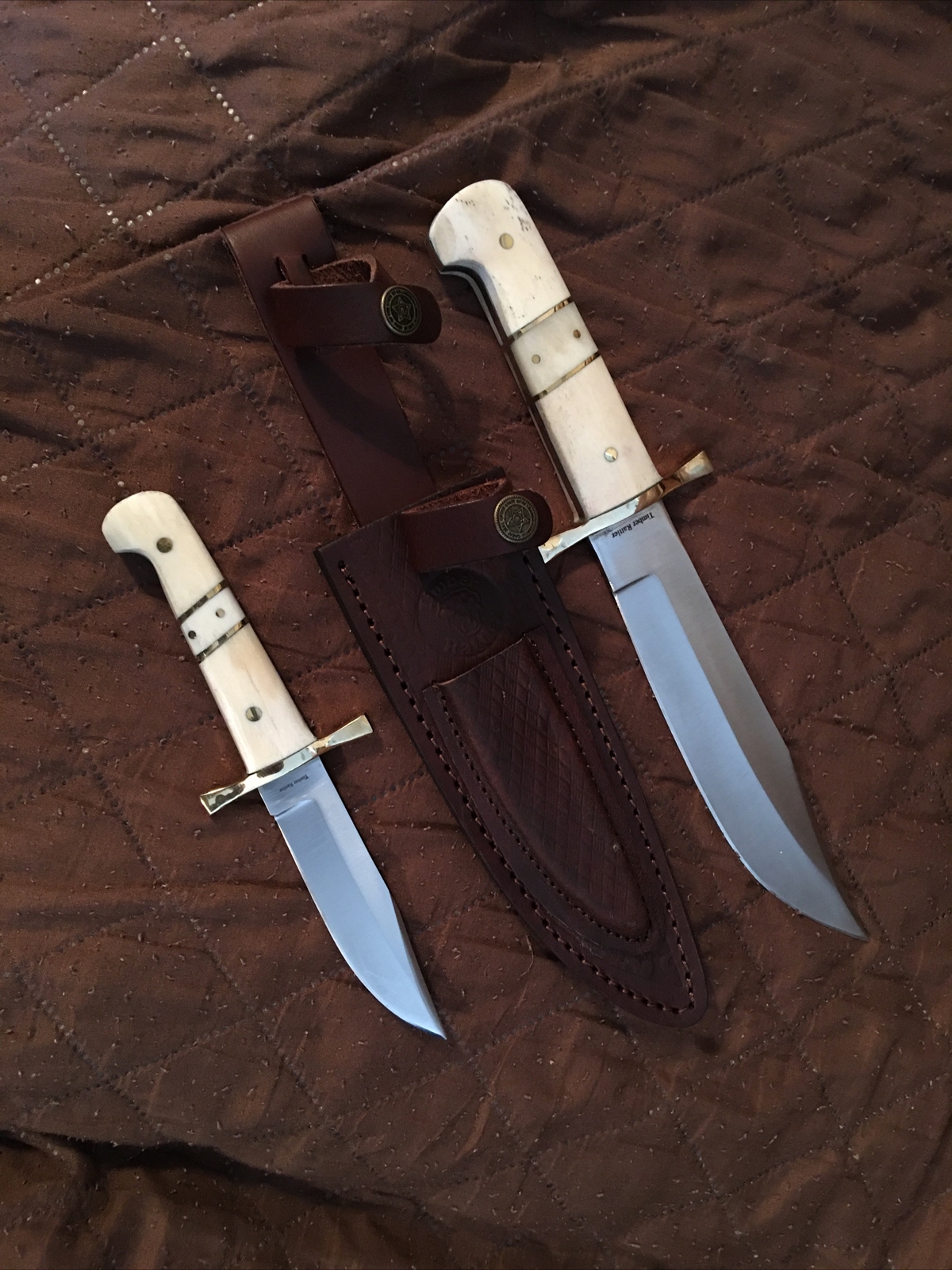 Real Bone Handle Bowie 2 Knife Set New Full Tang Fixed Blade and Leather Sheath