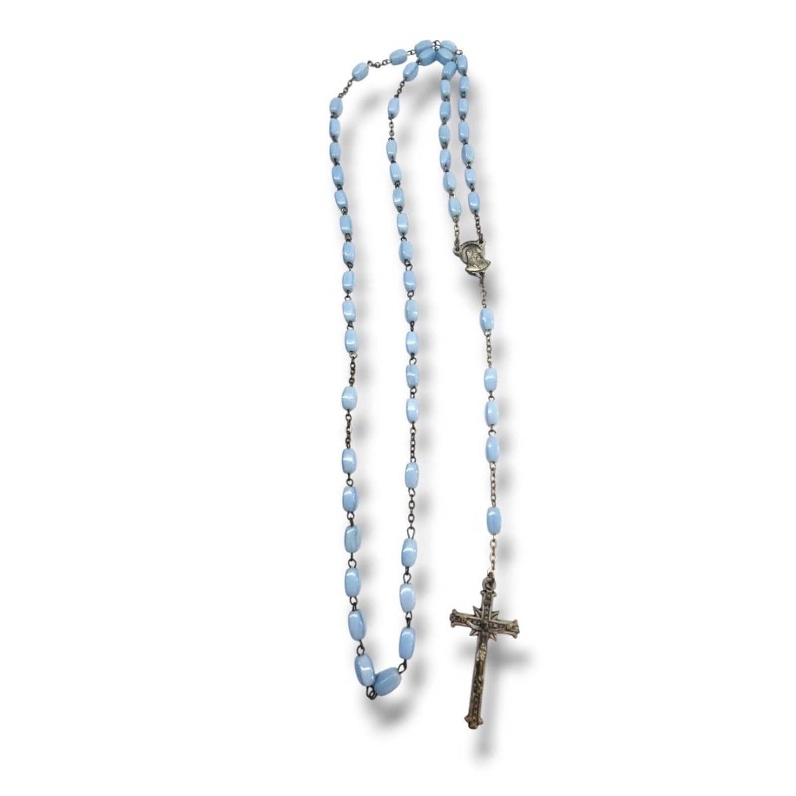 Vintage Light Blue Silvertone Rosary Beads Italy Necklace