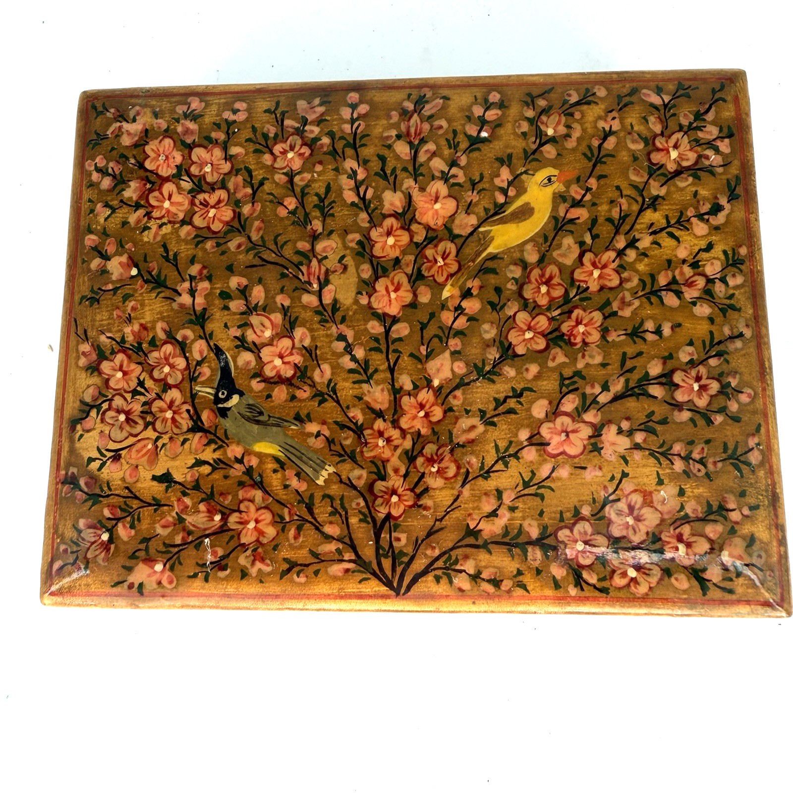 Vintage Kashmir India Hand Crafted Lacquer Paper Mache Floral Trinket Box