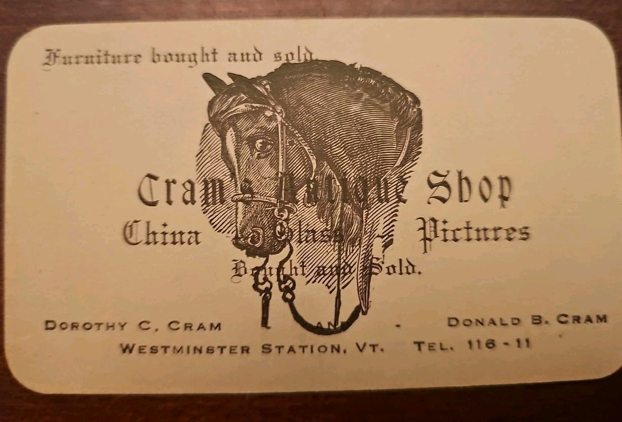 Vintage - Cram's Antique Shop Westminster Station Vermont Business Card