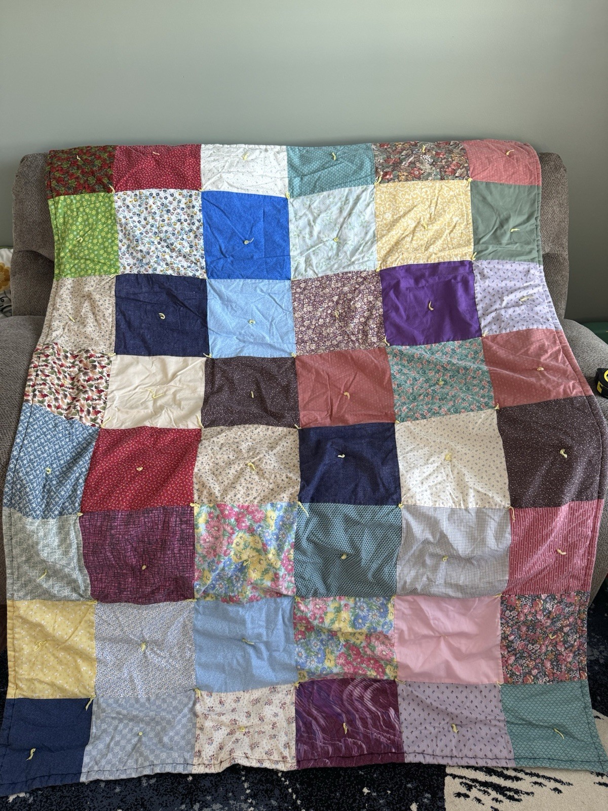 Vtg 70s Handmade Tied Patchwork Quilt Throw Blanket Floral Calico 66x51