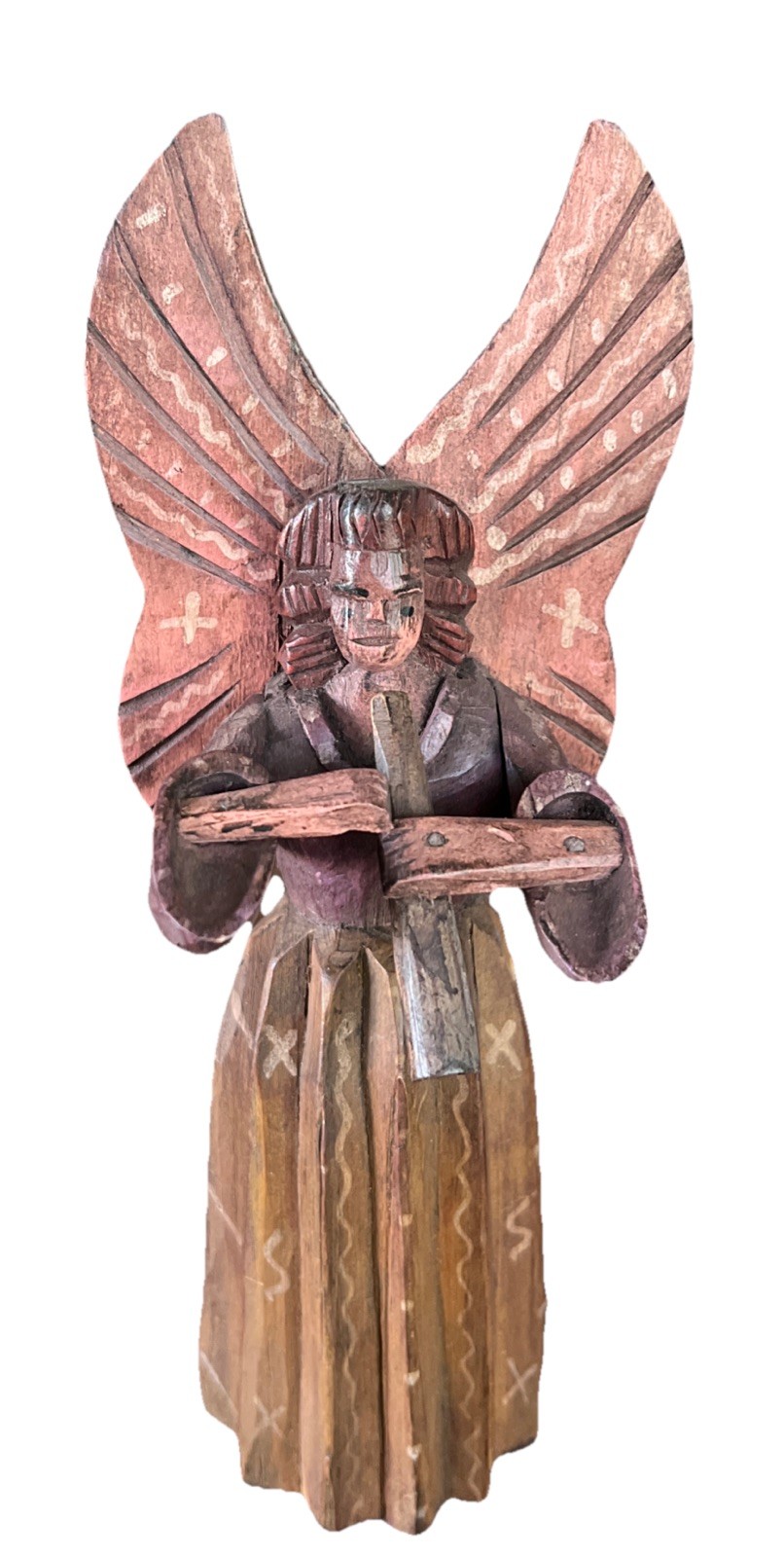 Vintage Hand-carved Wooden Folk Art Angel Playing Flute 11\