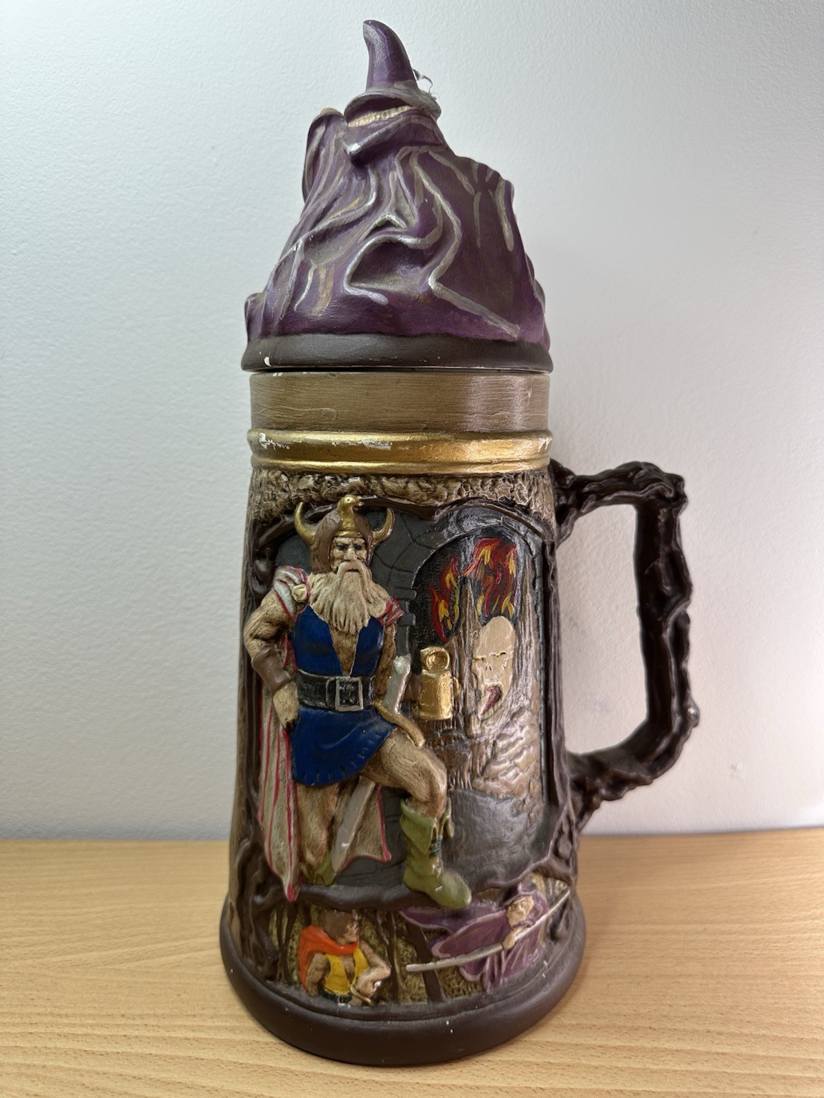VTG 1980 Duncan Ceramic Fantasy Beer Stein Wizard Lid Viking Odin D&D Medieval