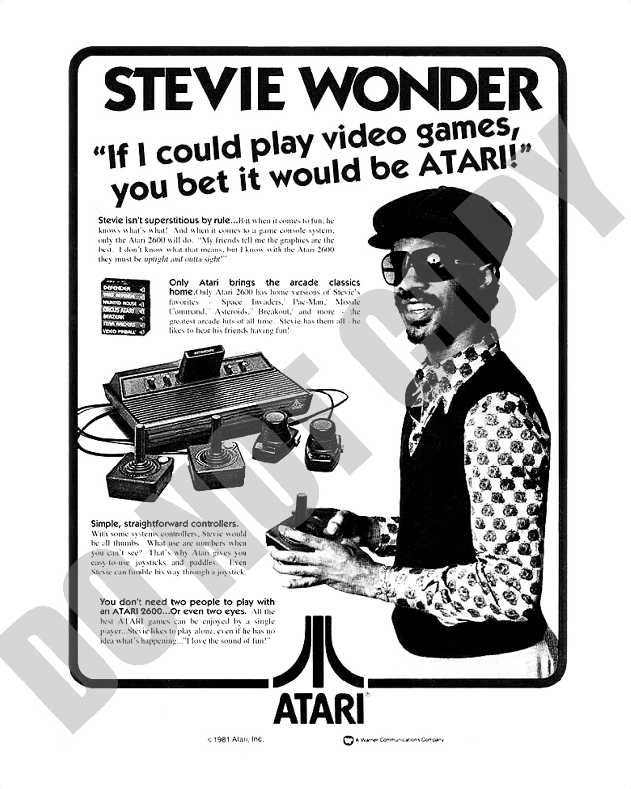 1981 ATARI 2600 Stevie Wonder Magazine Advertisement Promo Ad 8x10 Photo