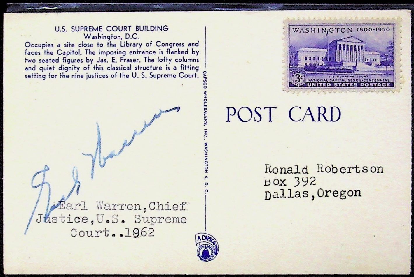 Earl Warren Autograph Signature Postcard US Supreme Court 1962