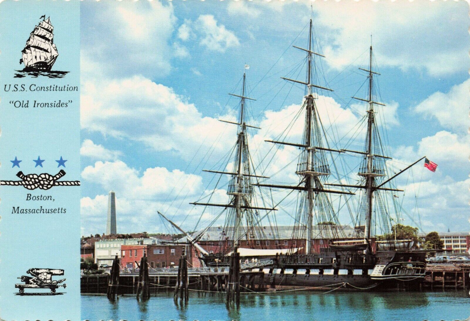 Postcard USS Constitution Old Ironsides and Bunker Hill Monument Boston, MA