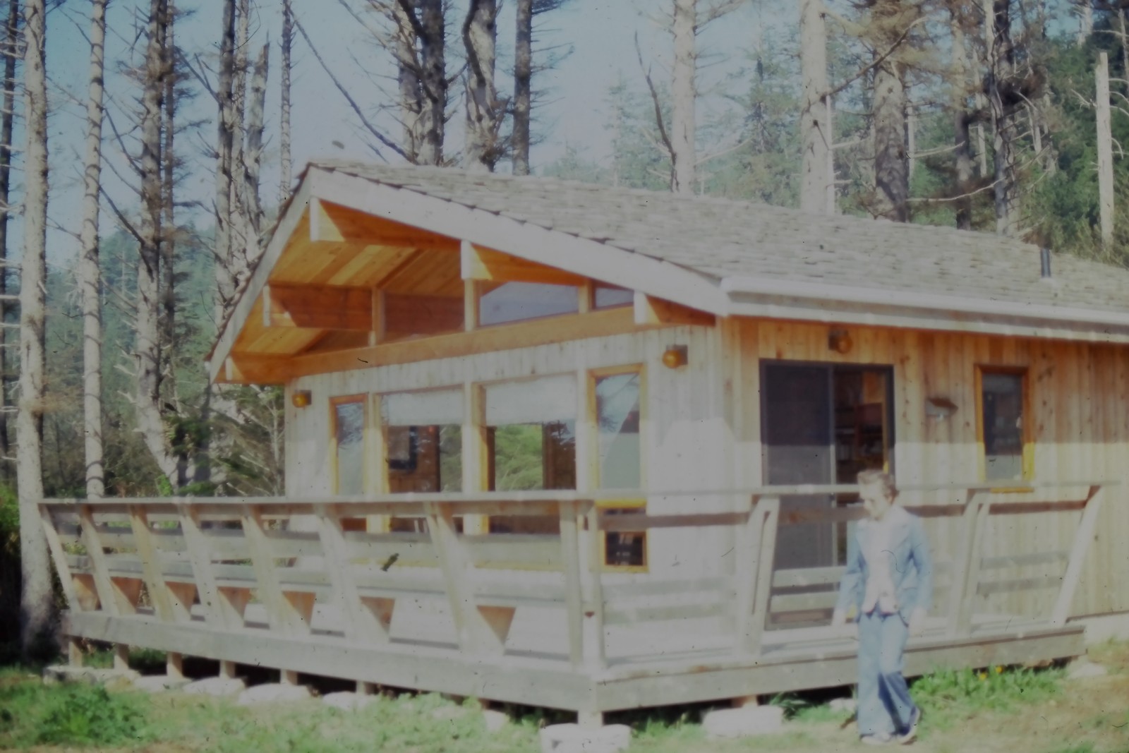 c1970's 35mm Slide A Frame Cabin Wooden Deck Forest Trees USA Person Roof Window