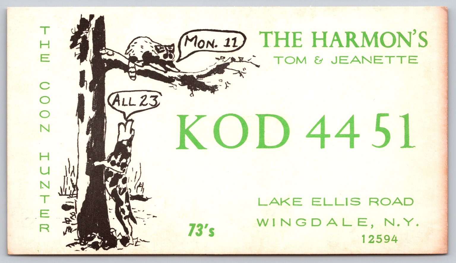 Wingdale NY KOD 4451 The Harmon's Coon Hunter Cartoon Novelty Postcard C189