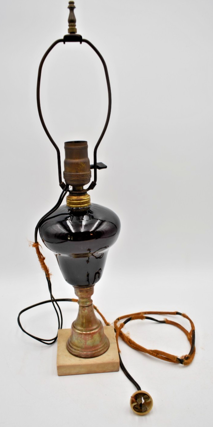 RARE Antique Black Glass Kerosene Oil Hurricane Lamp Marble Base Converted