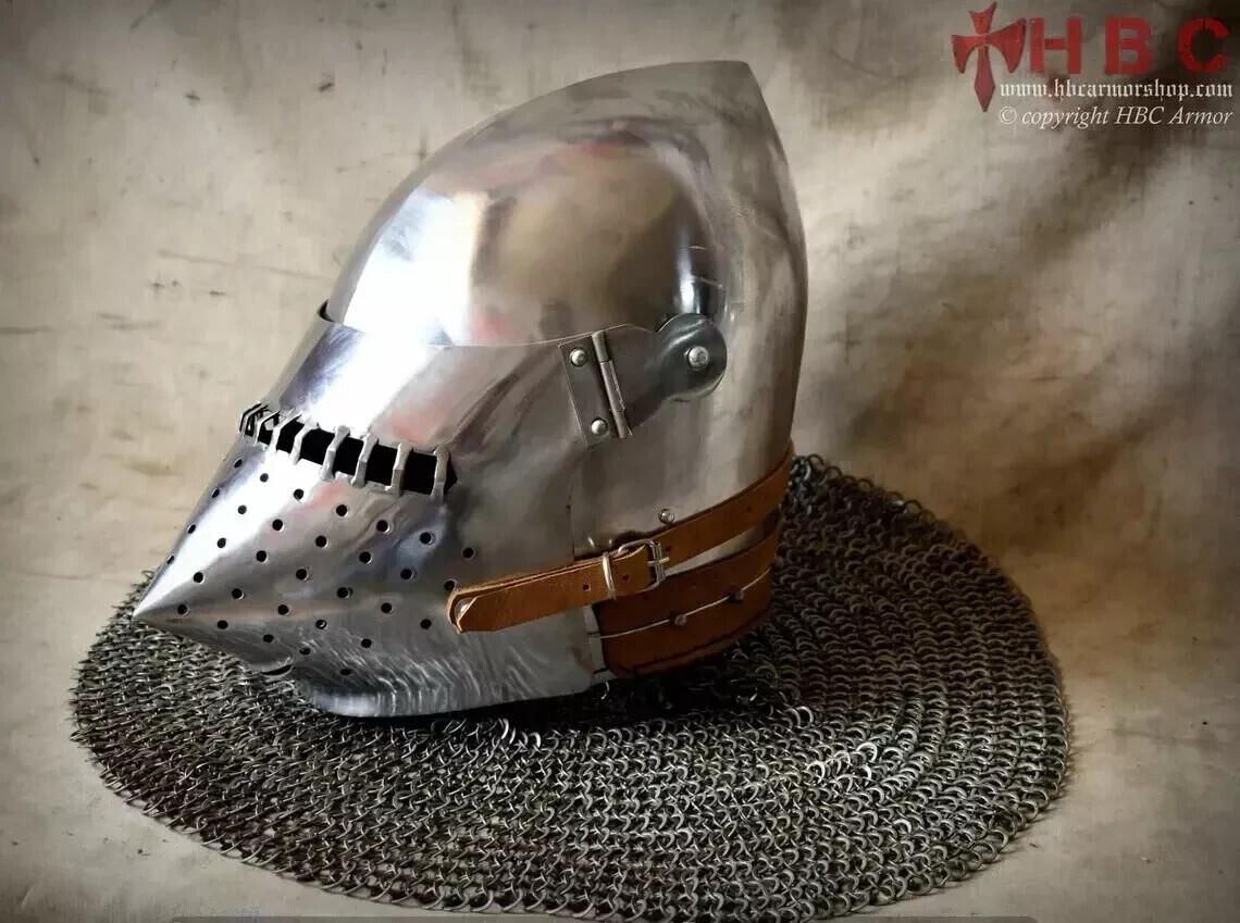 Medieval Houndskull bascinet Helmet with chainmail attached 18 Gauge Steel