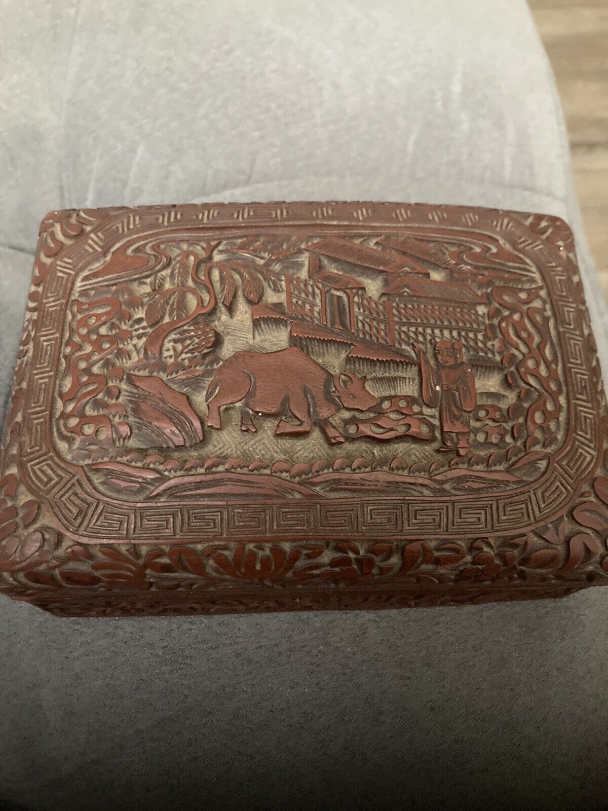 Antique XIX c Chinese Carved Cinnabar Lacquer Box Qing Dynasty signed