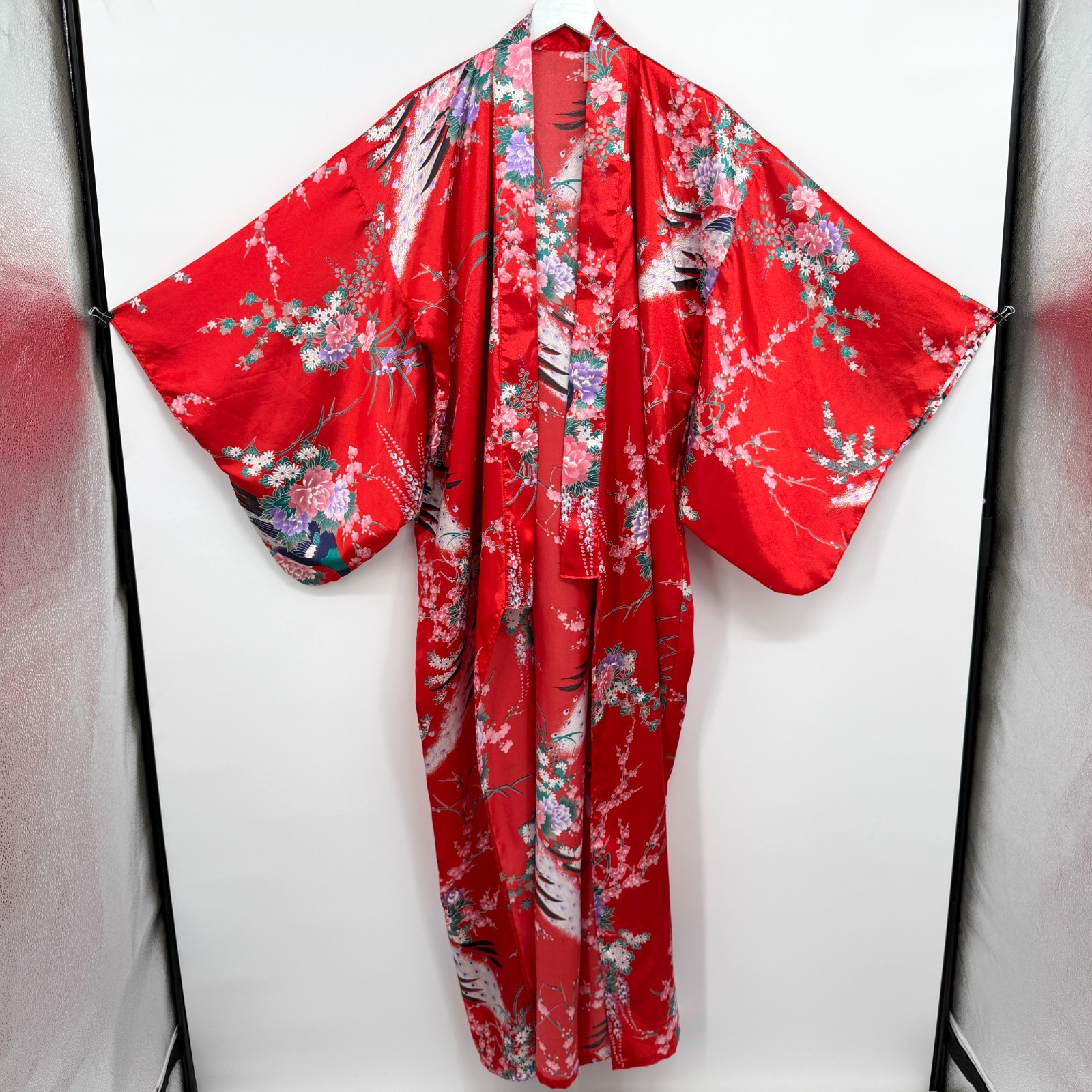 Vintage Made in Japan Kimono Maxi OS Floral Peacock Silky Satin Japanese Asian