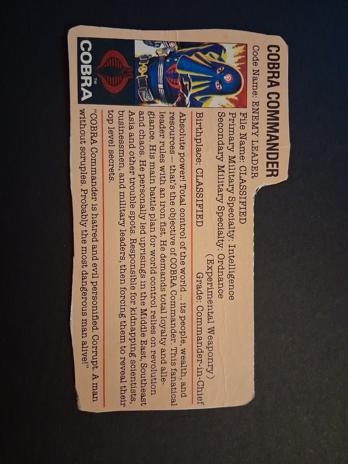 GI Joe Vtg ORIGINAL Filecard FILE CARD COBRA COMMANDER #2