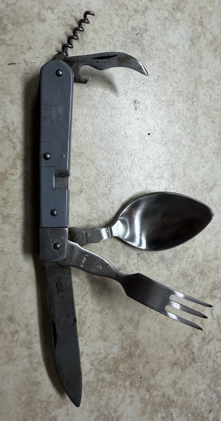 RARE SOVIET VINTAGE FOLDING POCKET KNIFE  MULTITOOL SPOON FORK KNIFE KORK SCREW