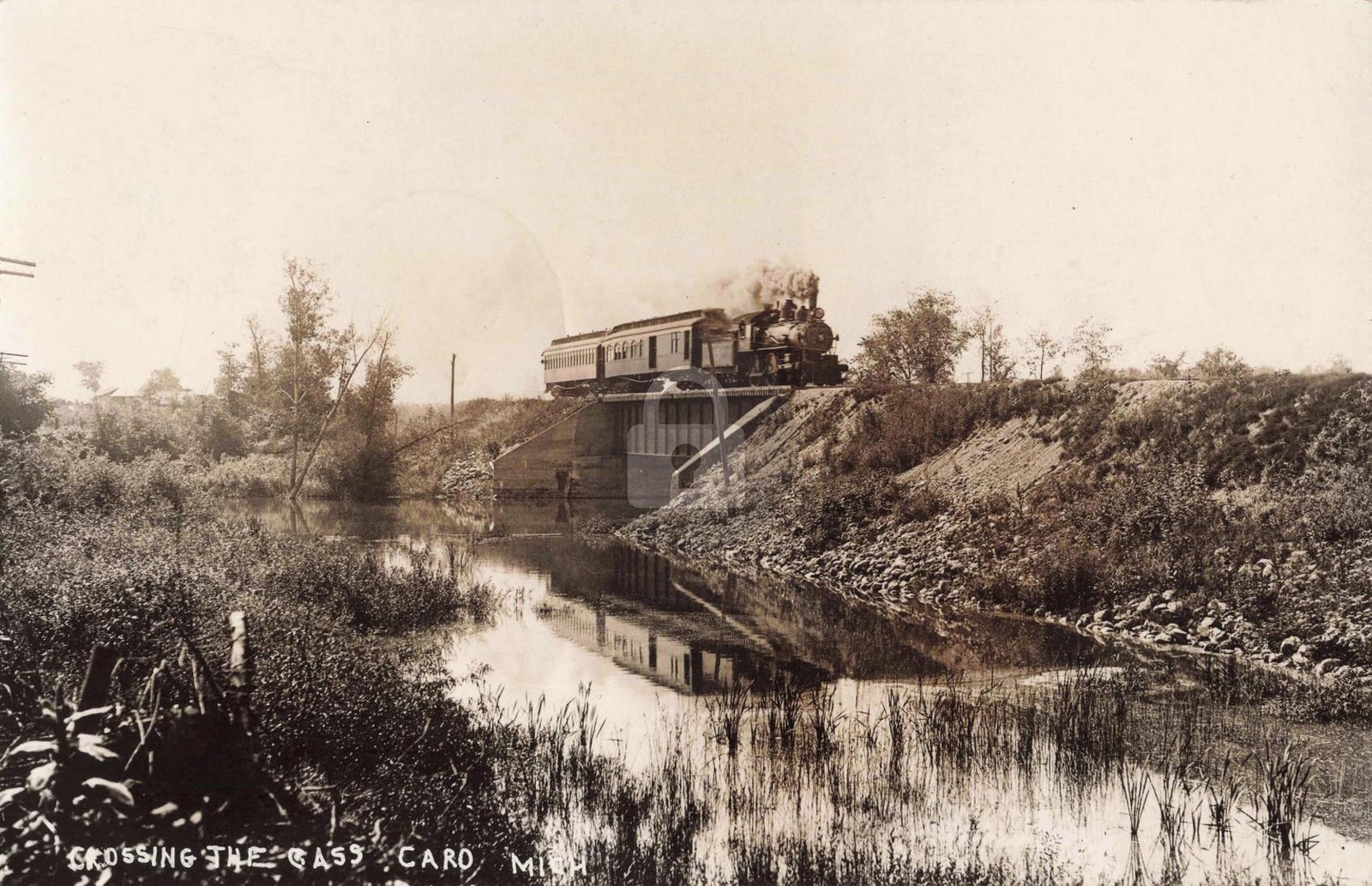 Railroad Crossing the Cass, Caro MI Michigan 1917 RPPC Photo Postcard COPY