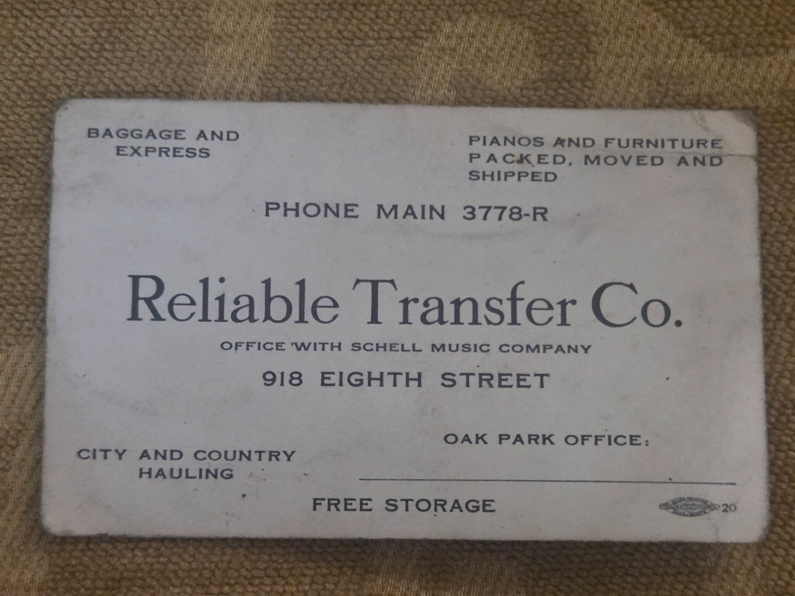 Antique Reliable Transfer Co Sacramento CA Moving Hauling Advertising Card