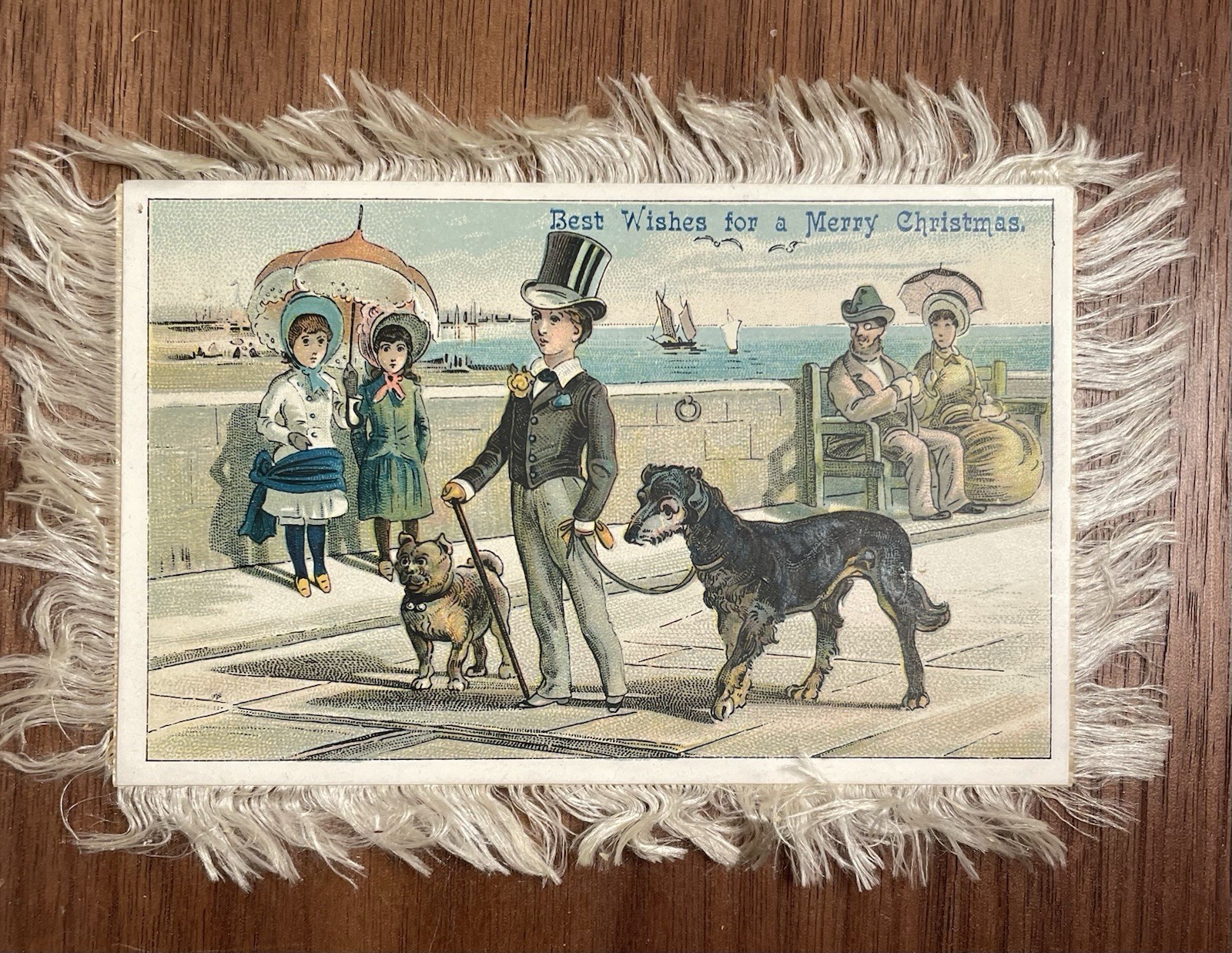 Antique Victorian Christmas Card 1880s Dogs Silk Fringe Chromolithograph 2 Sided