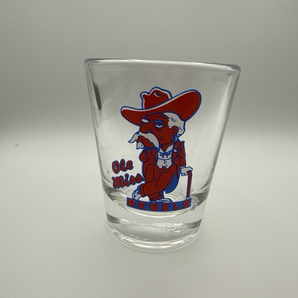 Ole Miss Rebels Clear Glass Shot Glass 2 oz Painted Decorated Logo Red Blue