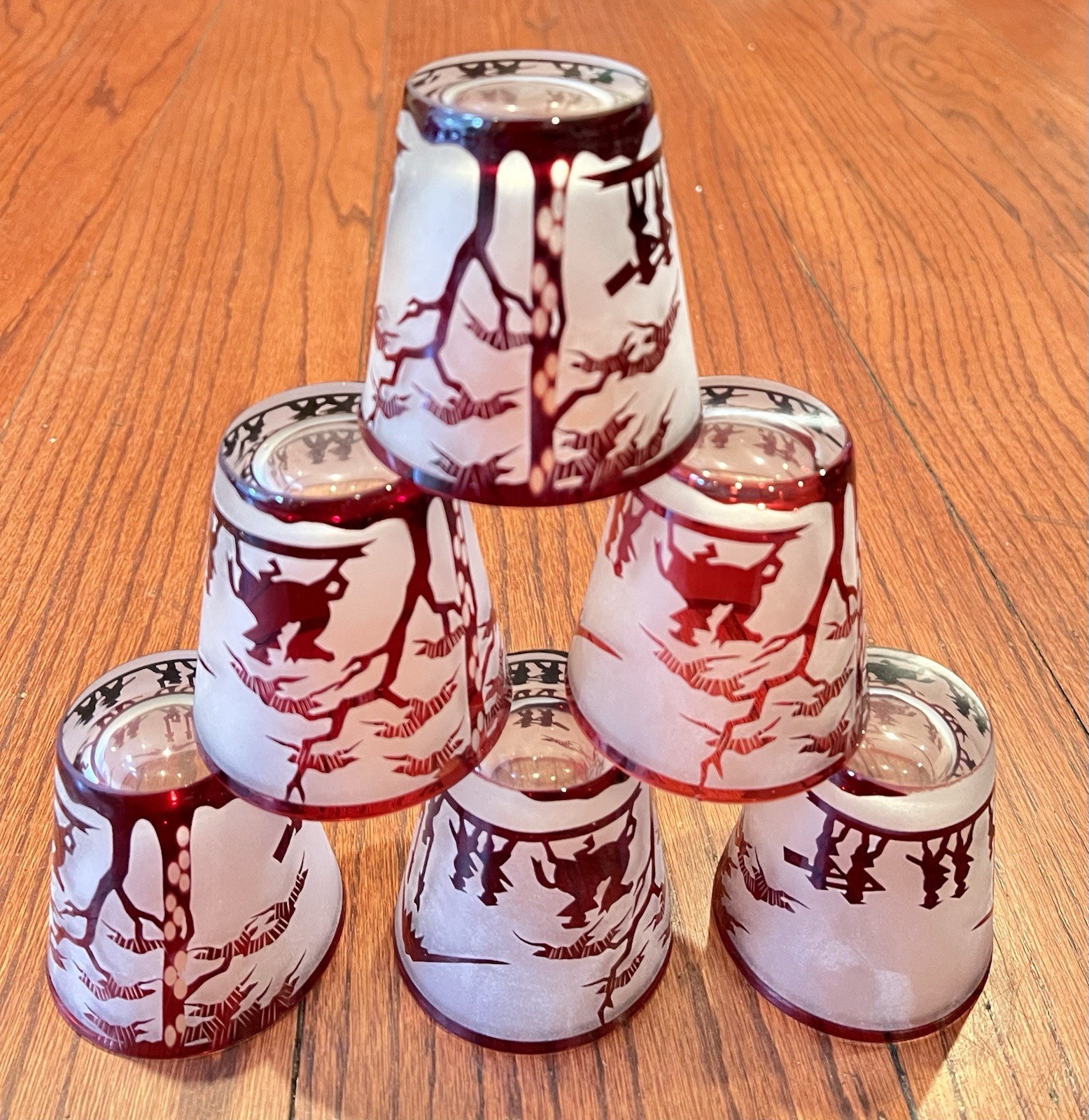 VTG Japanese Red Diamyo Rocks Glasses Samurai Procession Frosted Ruby Overlay 6