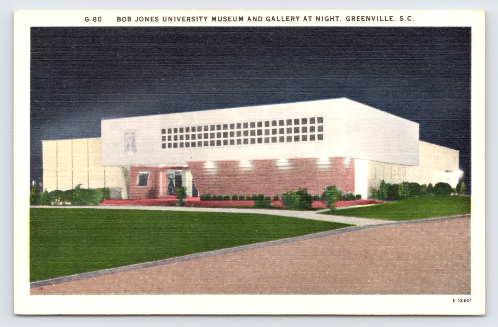 c1950 Night View Bob Jones University Museum Art Gallery Greenville SC Postcard