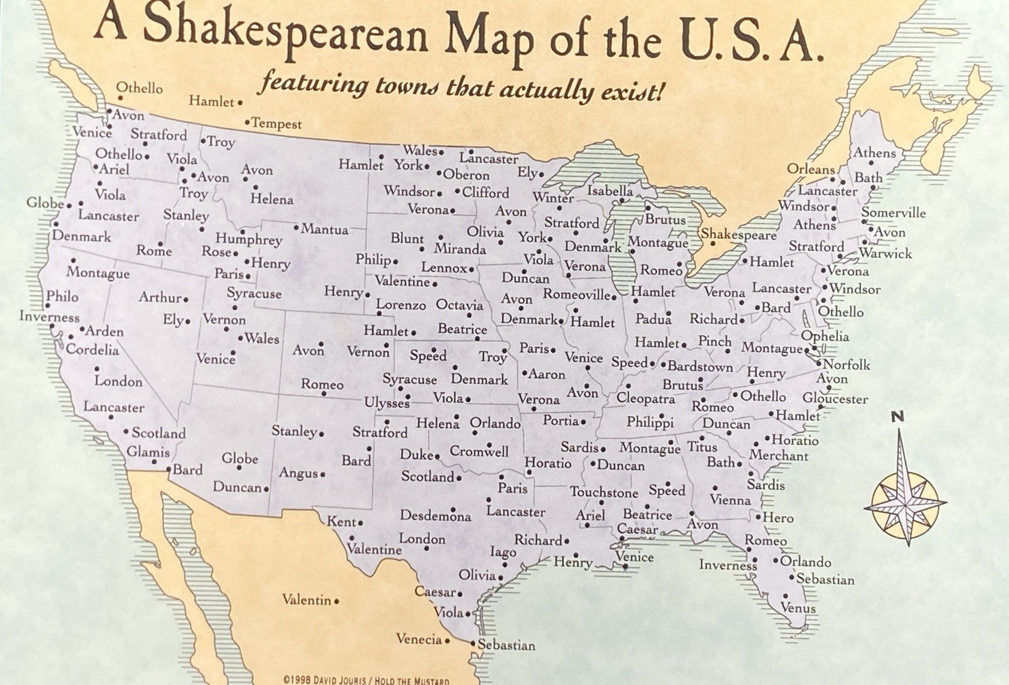 A Shakespearean Map Of The USA, Towns That Actually Exist Funny Vintage Postcard