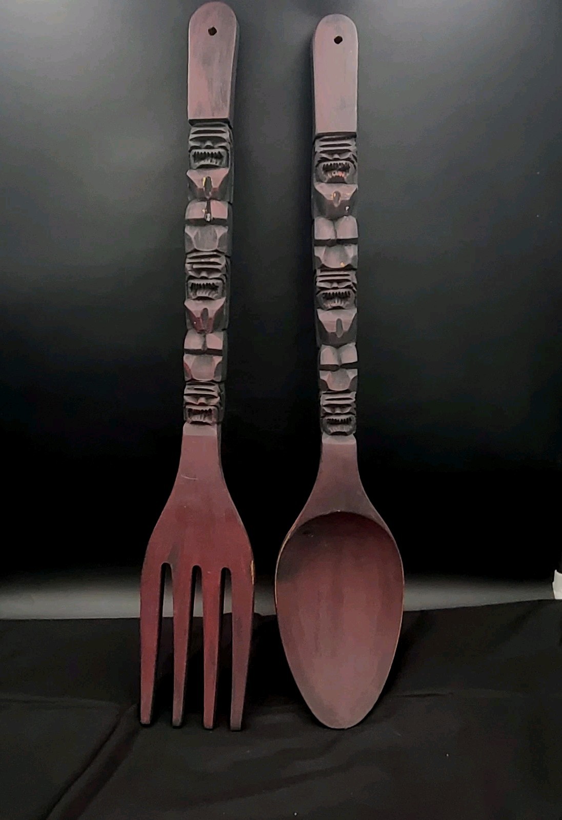 Vintage Carved Wooden Fork & Spoon Wall Decor 28” Big Tiki Totem Black Purple Vintage Carved Wooden Fork & Spoon Wall Decor 28” Big Tiki Totem Black Purple