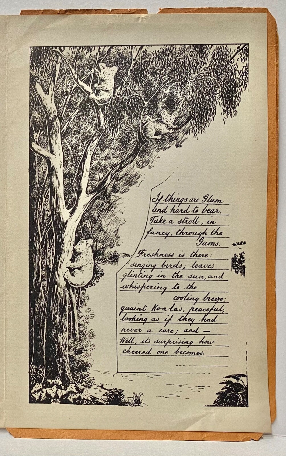 Koala Bear etching-poem~Greetings from Wyhalla Australia~Paterson NJ~Mailed 1946