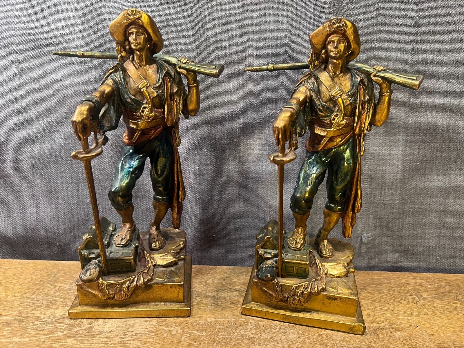 Antique Pompeian Bronze Sculptures Pirate Bookends Vintage Swashbucklers Rare
