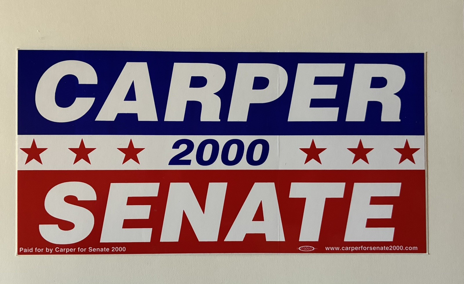 US Senator Senate Tom Carper Campaign Bumper Sticker Delaware 2000 