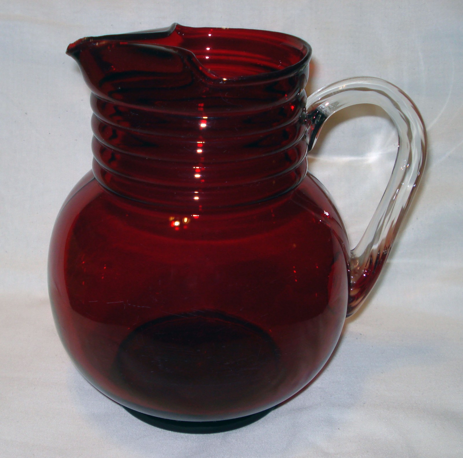 Vintage Weston Louie Ruby Red Glass Crystal Clear Applied Handle Ice Lip Pitcher